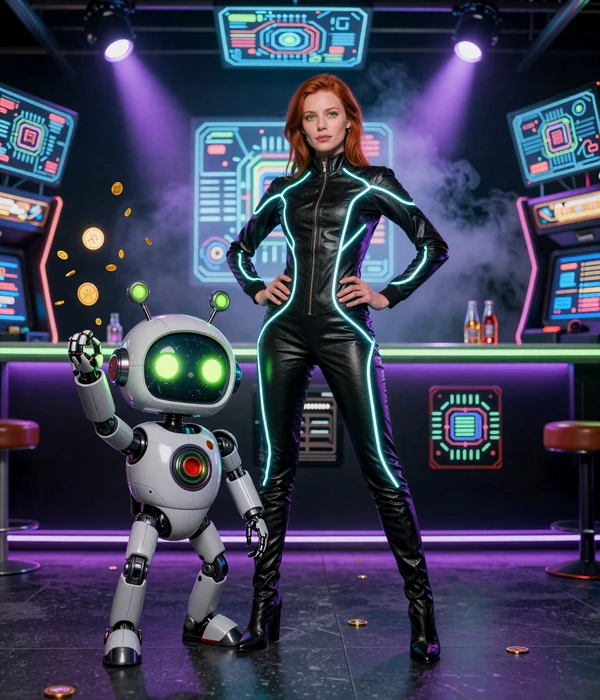 Casoola Casino Modell im Neon-Cyberpunk-Outfit neben dem Roboter-Maskottchen Caszilla mit goldenen M&uuml;nz-Konfetti vor leuchtender Neon-Bar-Kulisse