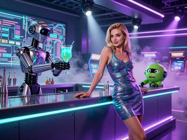 VIP-Bereich von Casoola Casino mit Modell in Neon-Cocktailkleid am Roboter-Bar und Caszilla Maskottchen