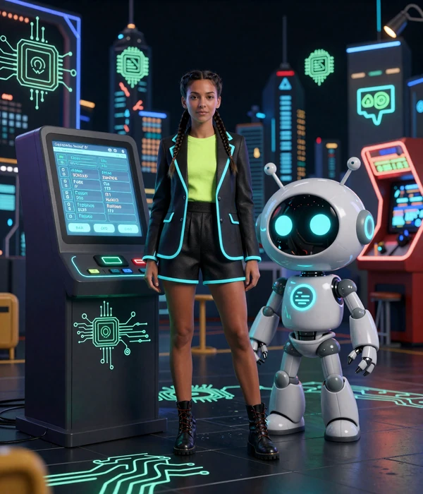 Casoola Casino Modell in Neon-Business-Outfit neben Roboter-Maskottchen Caszilla an holografischem Zahlungsterminal in der Bot-Town-Finanzdistrikt-Kulisse
