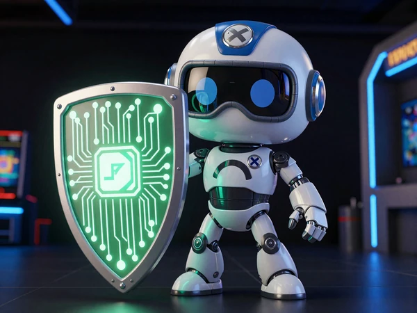 Caszilla Roboter-Maskottchen als Sicherheitswache mit Neon-Schild im Schaltkreis-Design bei Casoola Casino