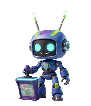 Caszilla Roboter-Maskottchen mit leuchtenden Augen und Antenne h&auml;lt Arcade-Joystick