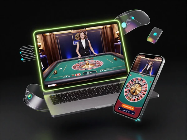 Laptop und Smartphone mit Live-Dealer-Roulette-Feed und leuchtenden Neon-Rahmen bei Casoola Casino