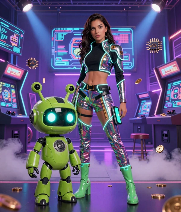 Casoola Casino Modell in Neon-Cyberpunk-Outfit neben dem Roboter-Maskottchen Caszilla vor leuchtender Bot-Town-Kulisse
