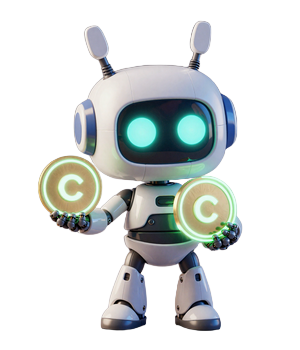 Caszilla Roboter-Maskottchen von Casoola Casino mit leuchtenden Augen und Antenne, eine Neon-M&uuml;nze haltend