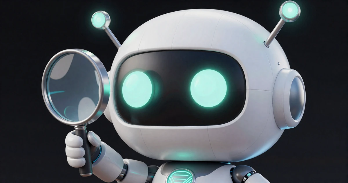 Caszilla Roboter-Maskottchen mit Lupe und leuchtenden lime-cyan Augen auf transparentem Hintergrund