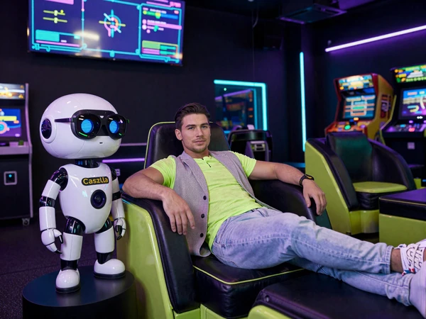 VIP-Bereich von Casoola Casino mit Modell in Smart-Casual-Neon-Outfit in Lounge-Sessel und Caszilla Maskottchen mit VIP-Sonnenbrille