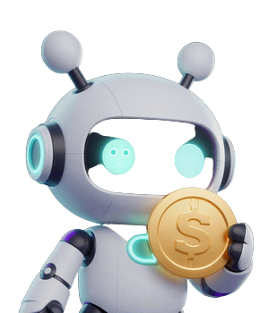 Caszilla Roboter-Maskottchen von Casoola Casino mit leuchtenden Augen und Antenne h&auml;lt eine gl&uuml;hende M&uuml;nze
