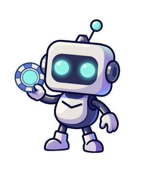 Caszilla Roboter-Maskottchen mit leuchtenden Augen und Roulette-Chip