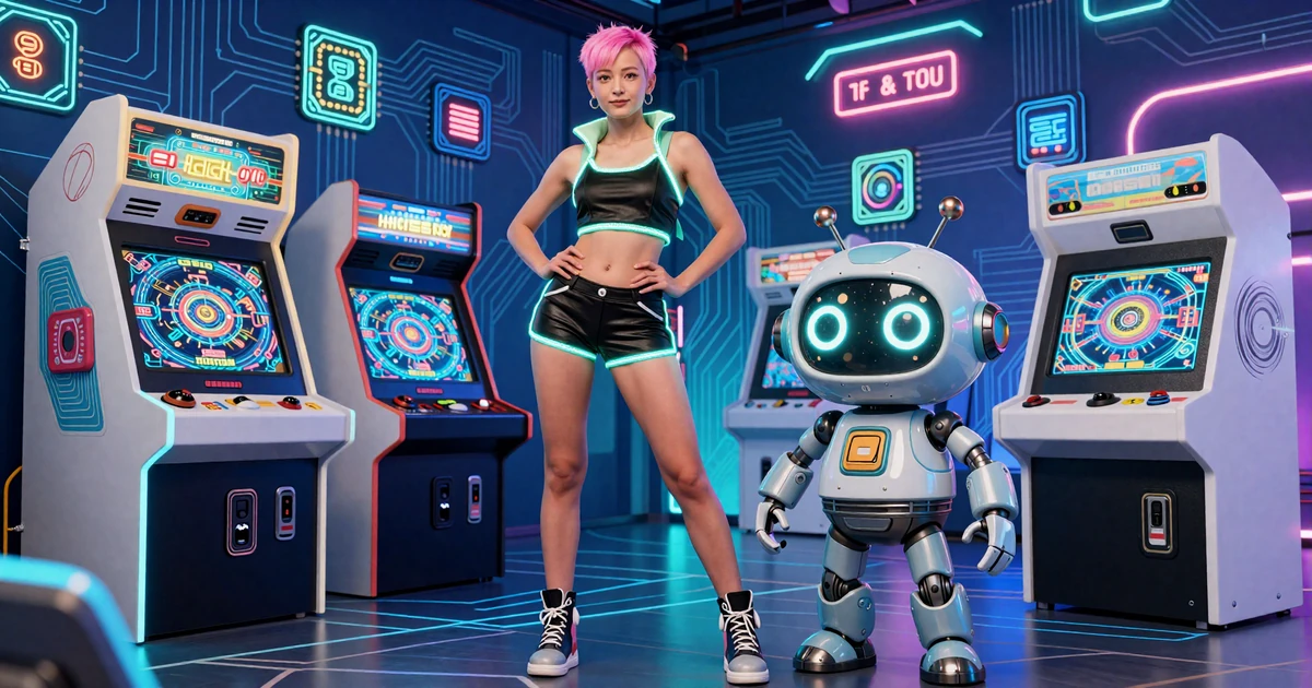 Casoola Casino Modell in Retro-Arcade-Outfit neben Roboter-Maskottchen Caszilla an leuchtendem Arcade-Automaten in Neon-Bot-Town